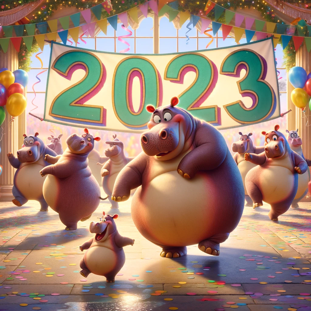 Dancing hippos under a 2023 banner